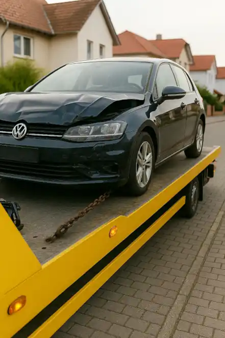 Ein defektes Auto, das von einem Abschleppdienst zum Autoankauf in Kiel transportiert wird.